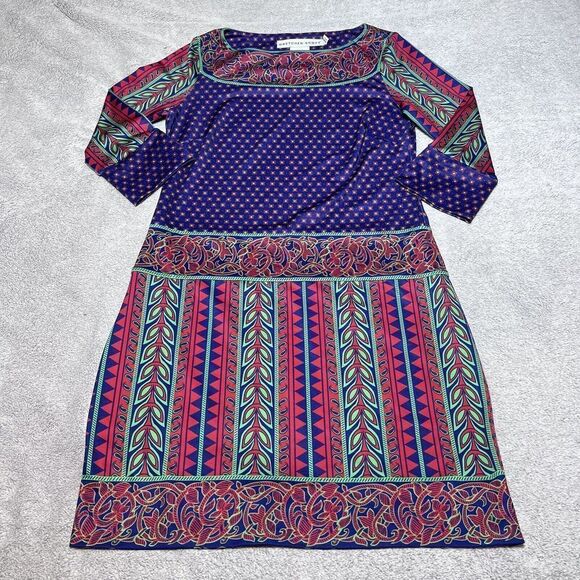 Gretchen Scott Dress Womens Small Mixed Pattern Sheath Blue Red Green 3/4 Sleeve - Picture 1 of 14